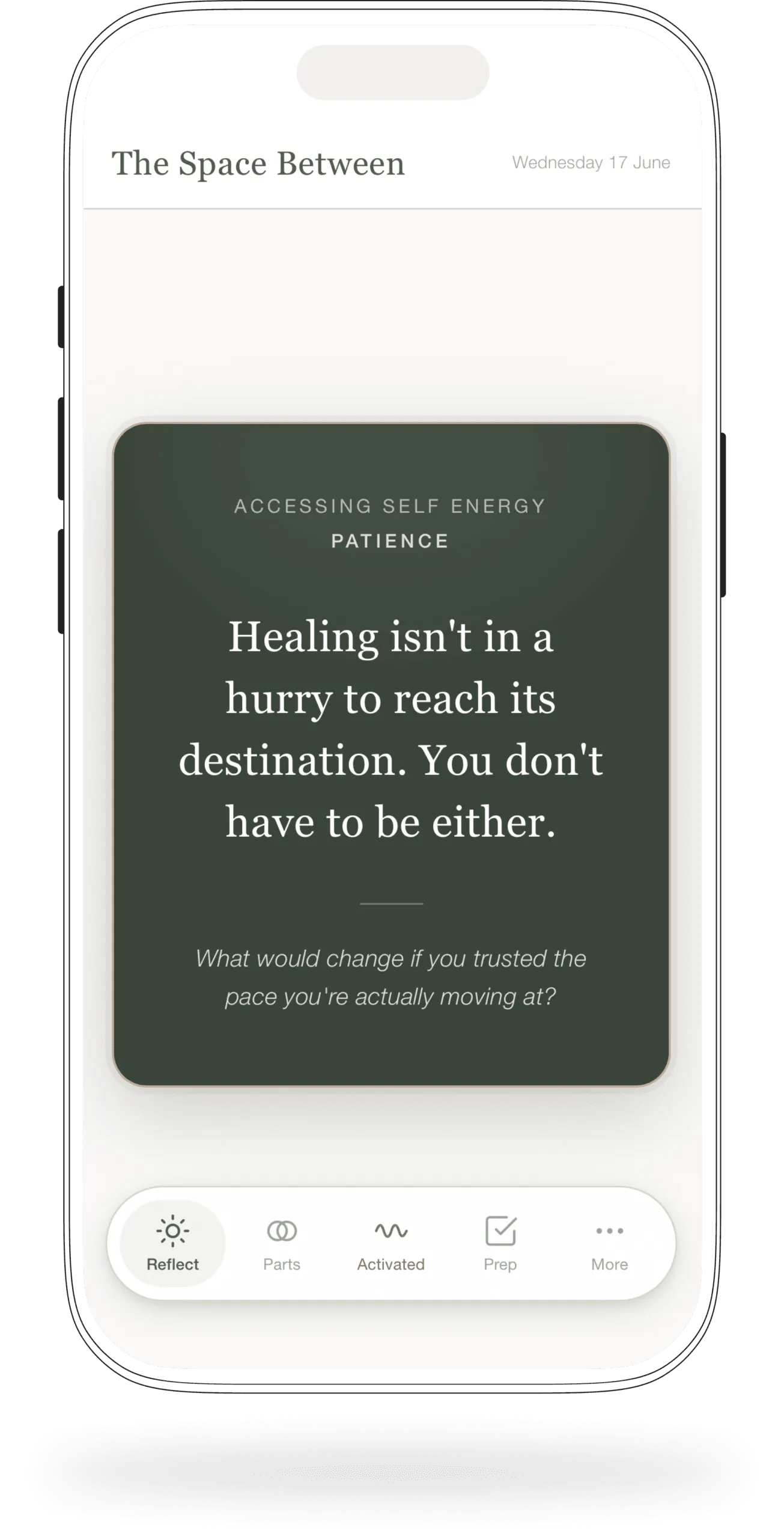 The Space Between app on a phone, showing a daily reflection card